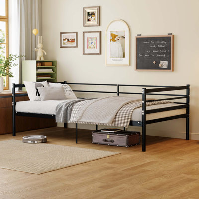 Lit mezzanine en métal avec canapé à contour complet, garde-corps de sécurité de 11,8 po, lit compact peu encombrant, noir