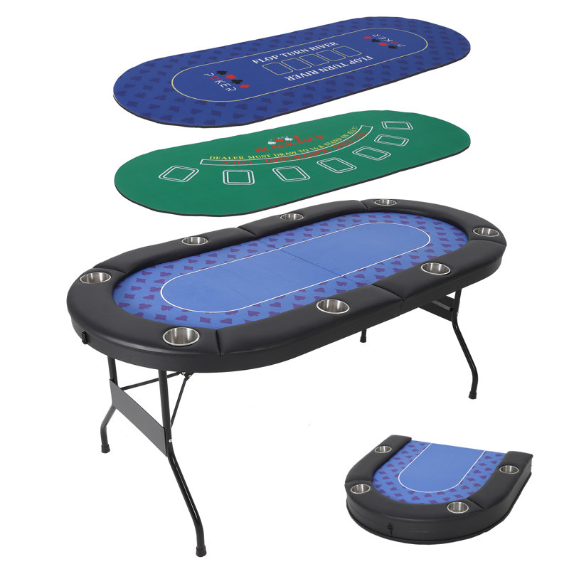 Table de poker pliable pour 8 joueurs, 2 tapis interchangeables, Texas Hold'em et Blackjack, rails rembourrés