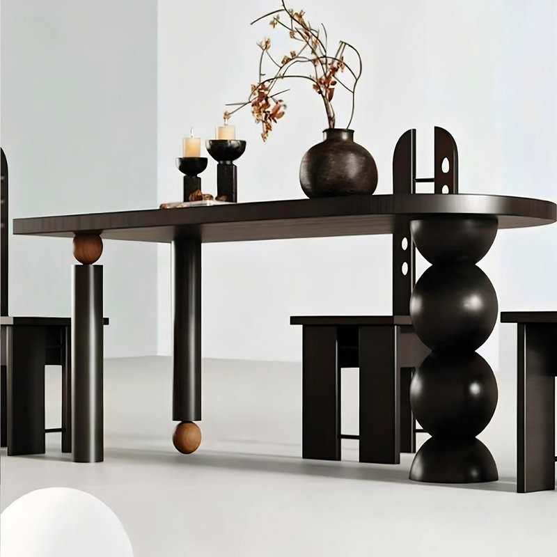 Black+Brown Half-circle Solid Wood Dining Table, 29.53"H×62.99"L×27.56"W