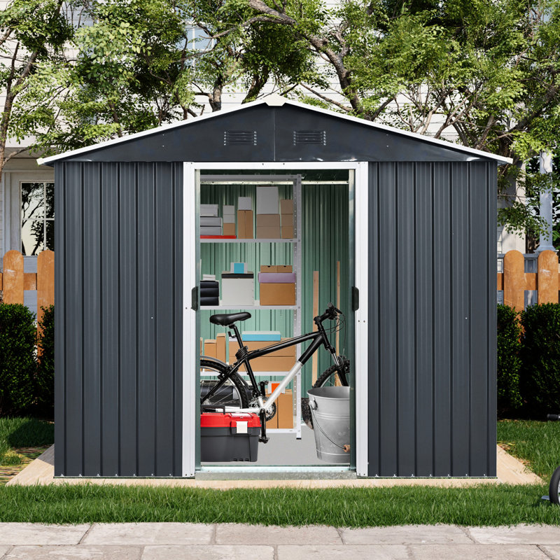 8ft X 4ft Metal Storage Unit With Design, Black And White Shed For Outdoor Sports Equipment Storage, Sliding Door