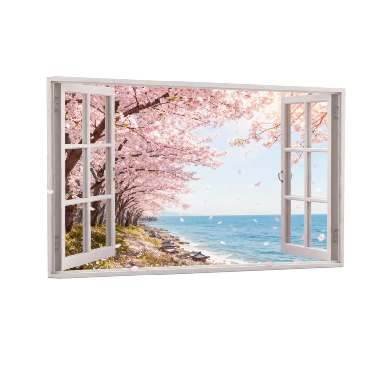 Cadre de fenêtre paysage et nature Cherry Blossom Beach View, H 12 po x l 18 po