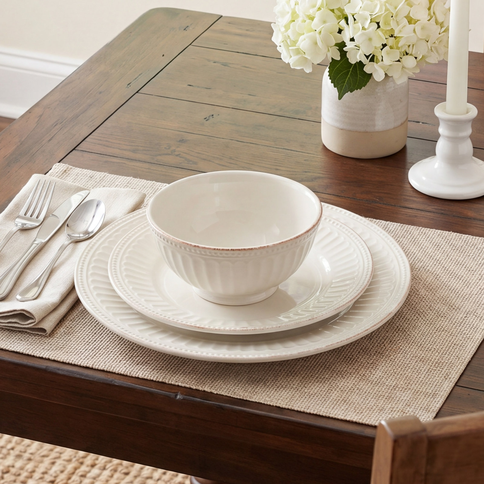 French Perle Groove Ice Blue Dinnerware Set, White