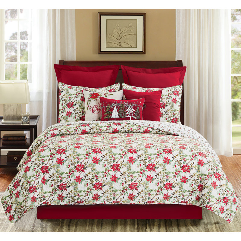 Ensemble de courtepointe réversible en coton rouge / vert Eve, Courtepointe grand + 2 couvre-oreillers standard