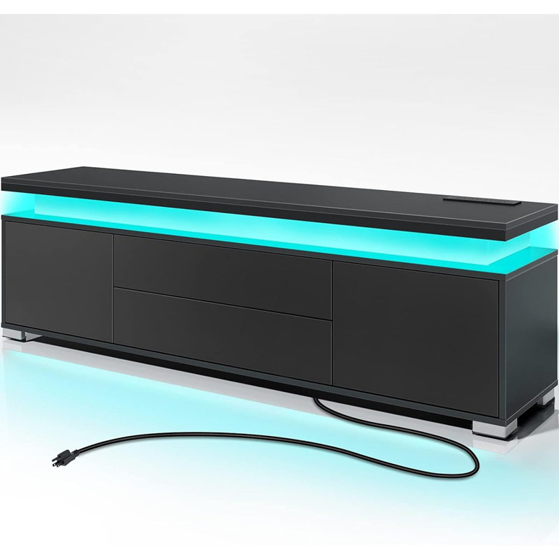 Meuble télé avec prise de courant et lumières DEL - Meuble audio-vidéo moderne avec grande armoire de rangement [Noir] - [Bois / Moderne / Console multimédia]