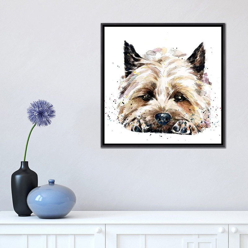 Impression Cairn terrier dans votre visage par Edwatercolours, H 18 po x l 18 po x 1,5 po, Toile avec cadre noir patiné