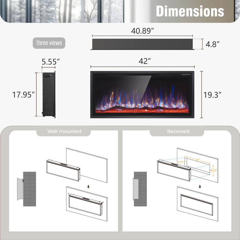 Electric Fireplace Recessed And Wall Mounted, 19.3" H x 42" W x 5.1" D