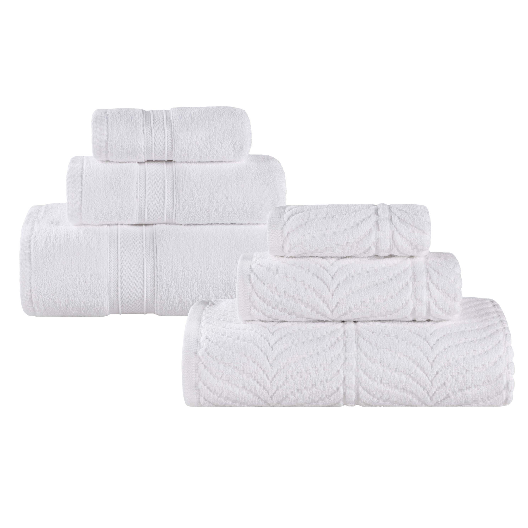 Amaretto Chevron Zero Twist Solid and Jacquard Cotton 6 Piece Bathroom Towel Set, White