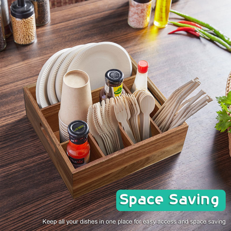 Porte-ustensiles en bois d'acacia pour la fête - Organisateur de plaques de papier pour le comptoir - Porte-ustensiles avec 6 compartiments pour assiette, tasse, fourchette, cuillère - Porte-couverts pour cuisine