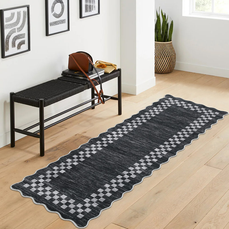 Scalloped Area Rugs Modern Bordered Accent Carpet,Non-Slip Floor Cover,Stain-Resistant Indoor Mat for Bedroom,Kitchen,Living Room