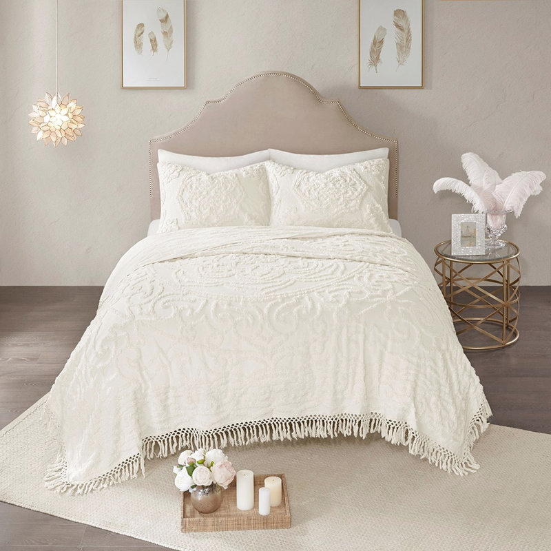 Couvre-lit à médaillon en coton chenille d'inspiration mondiale, Édredon très grand + 2 taies d'oreiller, Blanc cassé