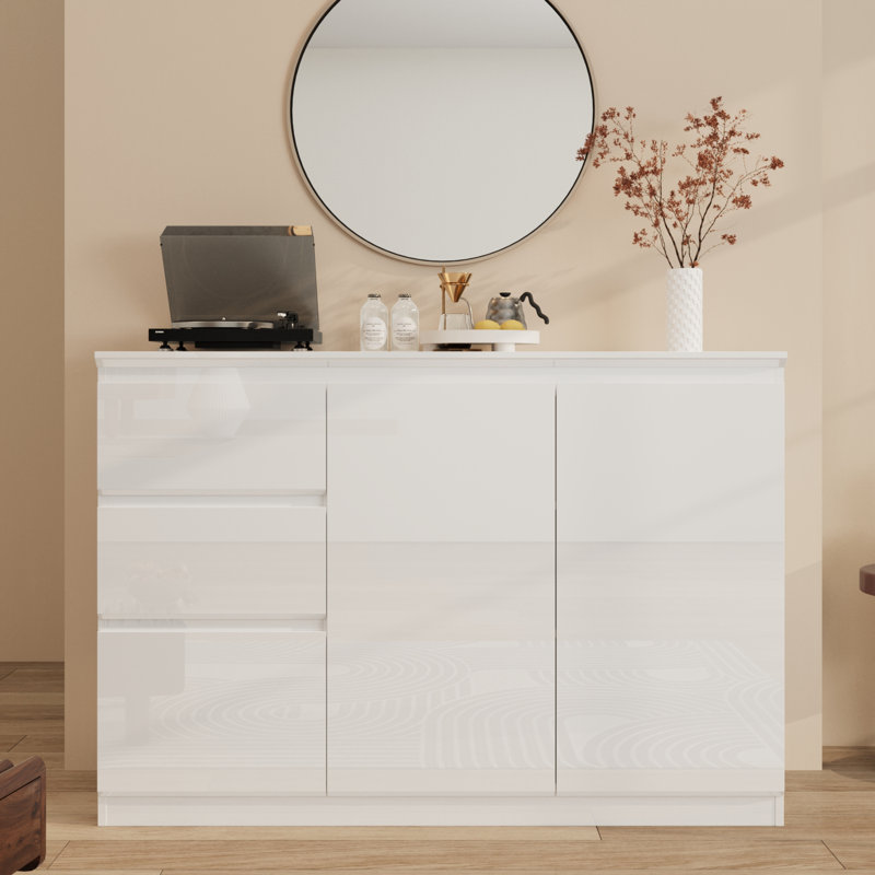 120cm High Gloss Sideboard with 3 Drawers & 2 Doors - Push-to-Open PET Storage Cabinet - White