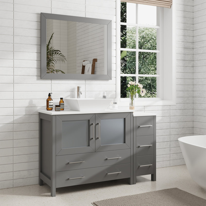 Ensemble de meuble-lavabo autoportant à simple cuve 48 "avec plateau en marbre et miroir assortis Ravenna, Gris