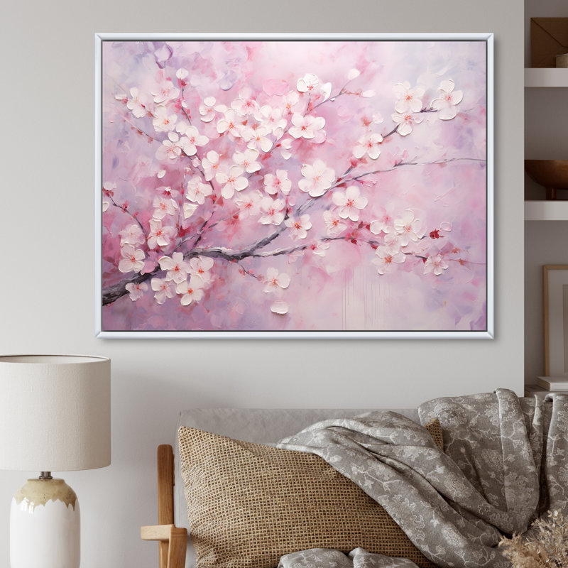 Minimalisme cerisier rose sur toile, Cadre flottant blanc, H 30 po x l 40 po x P 1,5 po