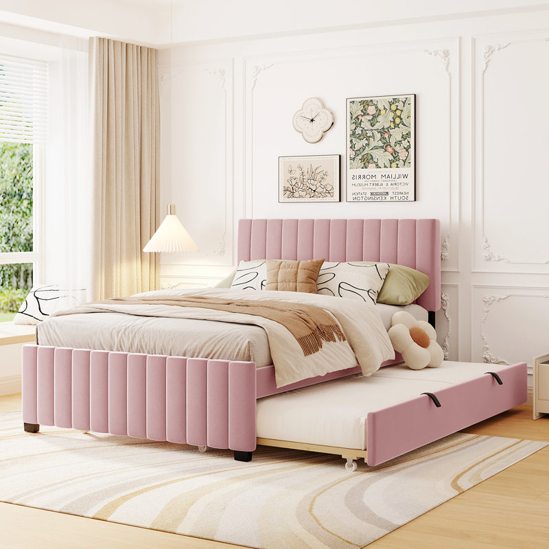 Lit plateforme tapissier en velours avec lit gigogne, Rose, Lit double