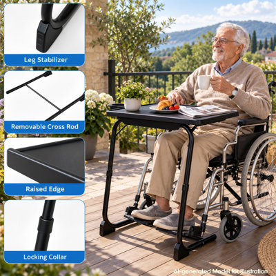 Adjustable Folding TV Tray Table, C‑Shaped Side Table with 6 Height & 3 Tilt Angles, Detachable Cup Holder, Portable Dinner Table for Bed Sofa Wheelchair