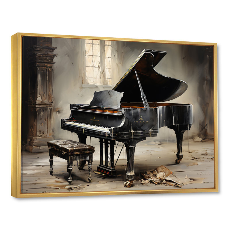 Minimalisme Grand Piano Melody II - Piano, art mural, Cadre flottant doré, H 34 po x l 44 po x P 1,5 po
