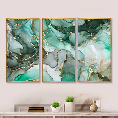 Set of 3 Dark Green and Gold Marble Leaves Wall Decor Abstract Canvas Print  Emerald Green Wall Art Luxury Abstract Painting Wall Art 