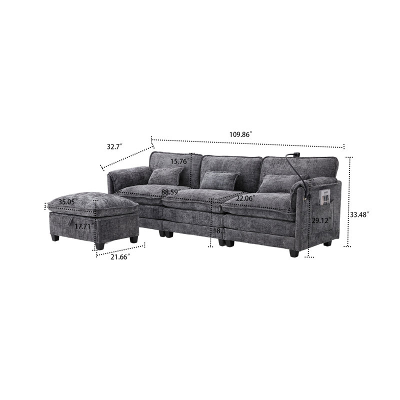 Modern Stylish L-Shaped Modular 3-Seater Storage Sofa with Phone Holder and Charging Station, Gray Chenille