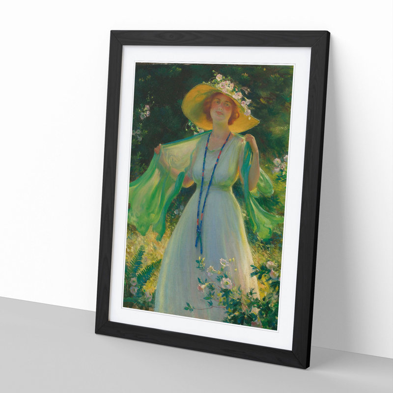 Lady in a Summer Garden by Charles Curran - Picture Frame Painting, 36cm H x 27cm W x 2cm D, Black Framed