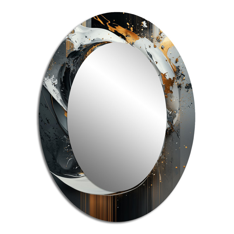 Black And Gold Abstract Shapes And Lines IV - Gold Modern Oval Wall Mirror, 40" x 30"