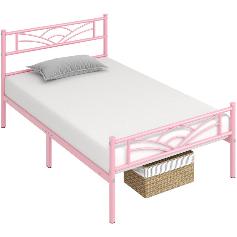 88.5cm Height Metal Bed Frame with Cloud-inspired Design Headboard, Single (3'), Pink