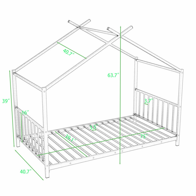 Lit plateforme simple en métal avec toit de maison, Noir