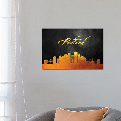 Portland Oregon Gold Skyline 1 Piece Wrapped Canvas Wall Art