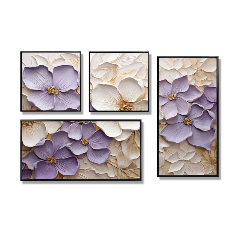 Violet et blanc, minimalisme, violettes - Violettes, reproduction d'art sur toile, 4 pièces, Noir