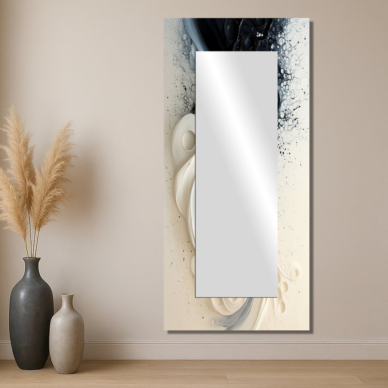 Noir et blanc spirale encre rythmique rivière II - miroir mural peinture goutte à goutte - imprimé sur métal, 28 po x 60 po