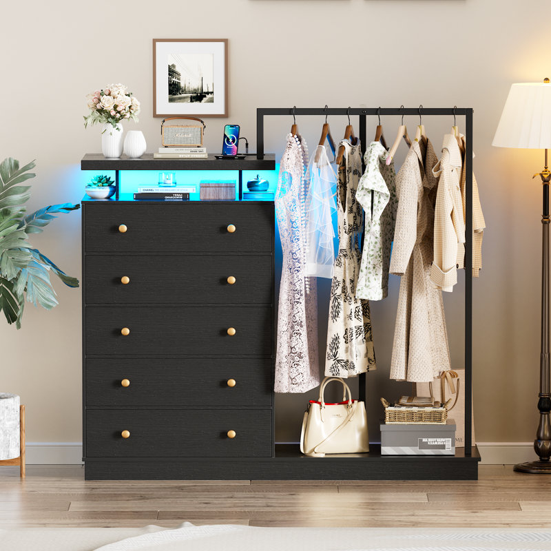 Wrought Studio™ Black Dresser With Hanging Rack, 5 Drawer Clothes ...