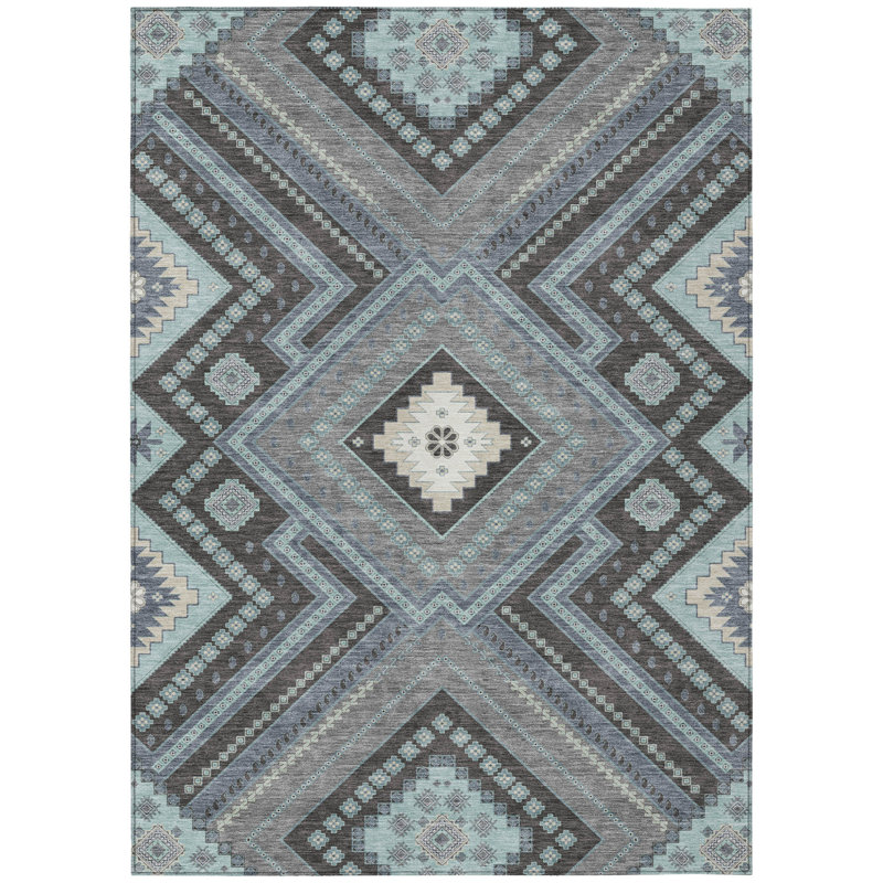 Tapis d'intérieur lavable d'extérieur gris anthracite et bleu ciel 5 pi x 8 pi Tribal