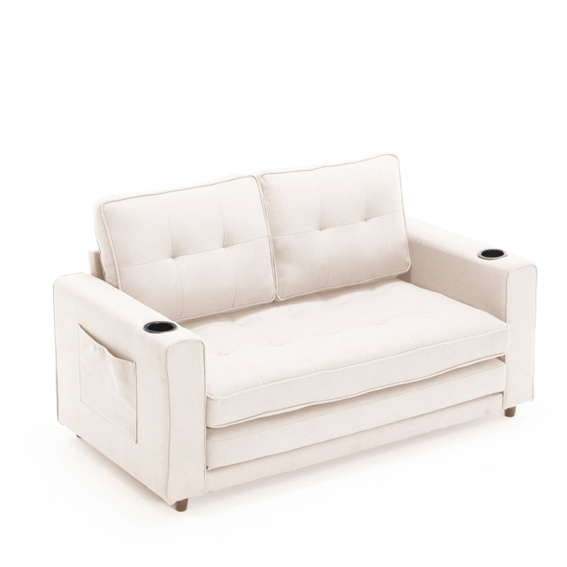 3-in-1 Upholstered Tufted Convertible Loveseat - Foldable Sofa Bed Daybed with Pull-Out Sleeper, Side Pockets & Cup Holder