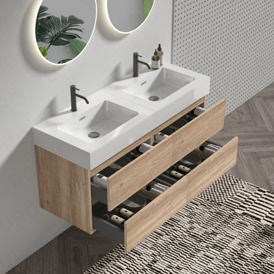 48''(24inch*2) Bathroom Vanity With White Engineered Quartz Sink And Rough Oak Drawers, Wall Mounted Floating Bathroom Vanity, One-Piece Basin Without Drainage And Faucet, Kd