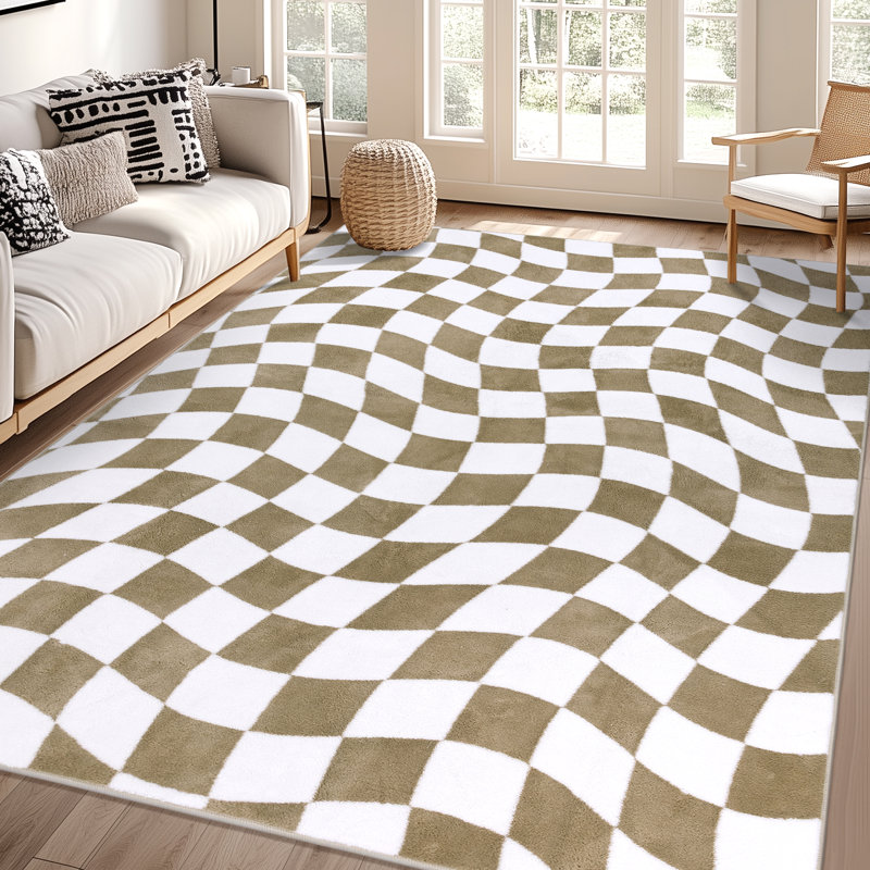 Tapis à carreaux lavable antidérapant Modern, Rectangle 6 pi x 9 pi, Blanc/Brun clair