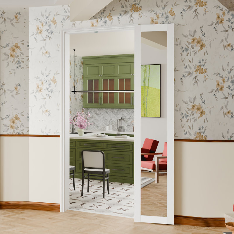 Porte pliante Compack 180: panneau de fibres à densité moyenne blanc miroir, revêtement en PVC, porte accordéon avec quincaillerie