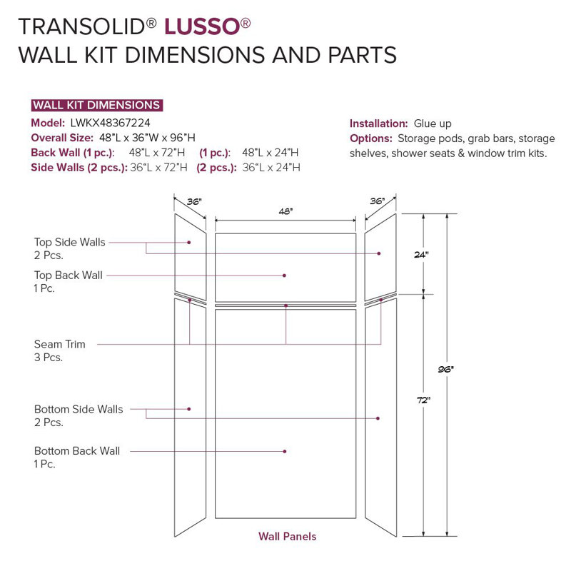 Ensemble de mur de douche transitionnel à coller 6 pièces Transolide Lusso , H 96 po x l 48 po x P 36 po, Palladio blanc