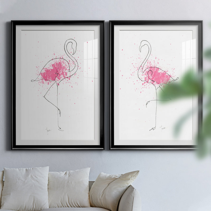 " Flamingo Splash I " 2 - Pieces, 36.5" H x 26.5" W x 1" D, Black Framed Paper, White