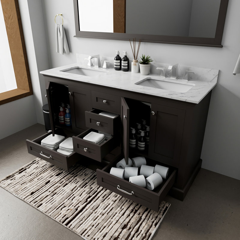 Meuble-lavabo double l 60 po x P 22 po, comptoir en marbre de Carrare et miroir de 58 po, Espresso