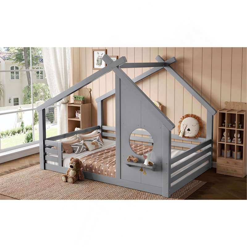 Lit double au sol avec fenêtre et petite tablette, lit en bois massif avec toit en forme de maison, sans sommier, Full, Grey