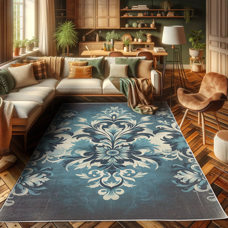 Sea Blue and Dark Purple Damask Synthetic Area Rug