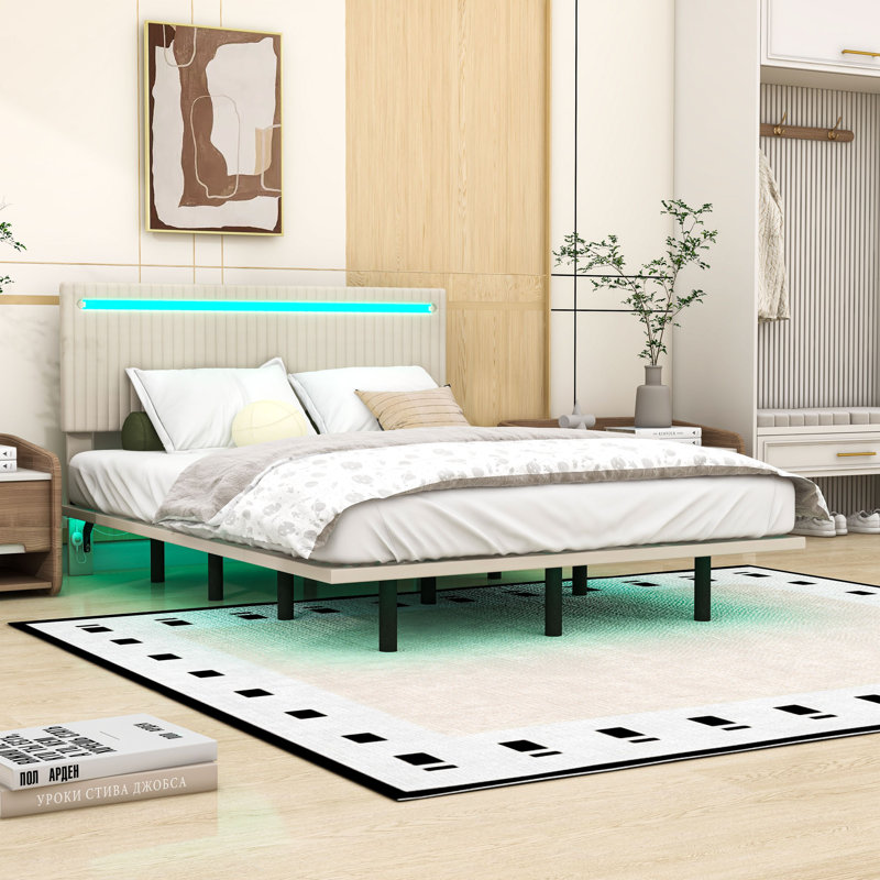 Floating Bed Frame with Adjustable LED Lights, Full, Beige