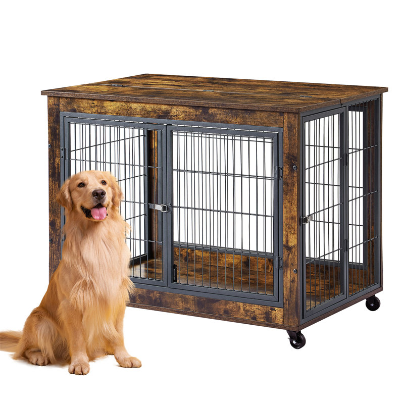 Table d'appoint pour chien sur roulettes avec portes doubles et plateau relevable, Brun, H 31,1 po x l 43,7 po x P 30 po