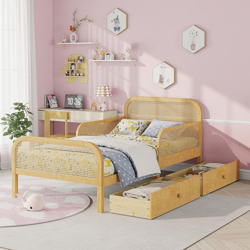 Structure de lit plateforme simple avec 2 tiroirs de rangement, lit en rotin pour enfants avec tête et pied de lit, blanc