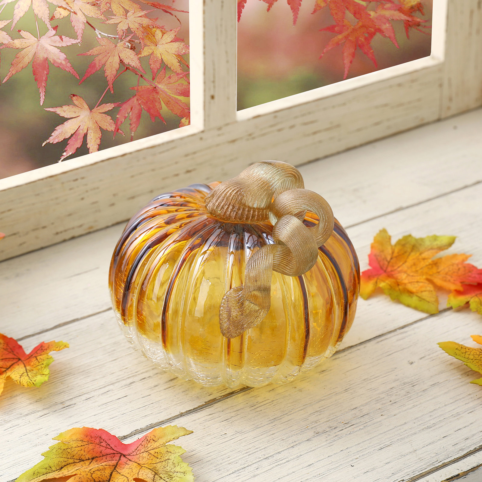 Crackle Glass Pumpkin Holiday Accent, Orange