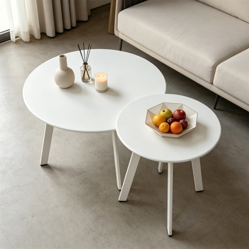 Ensemble de 2 tables basses rondes de patio gigognes, résistantes aux intempéries, blanches