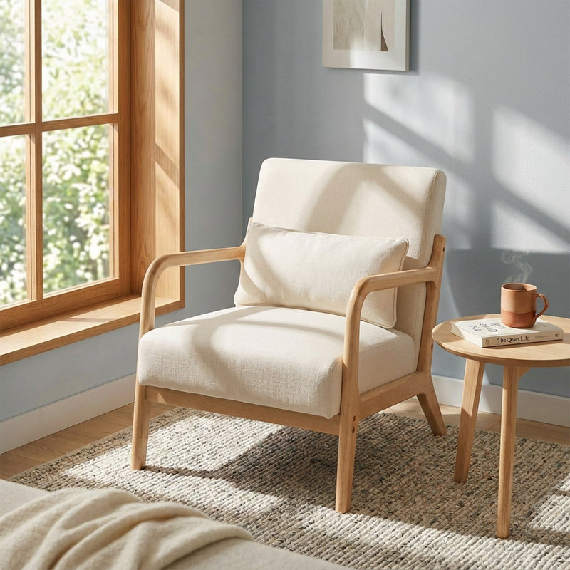 Chaise d'appoint Mid-Century moderne en bois massif avec dossier ergonomique, Beige