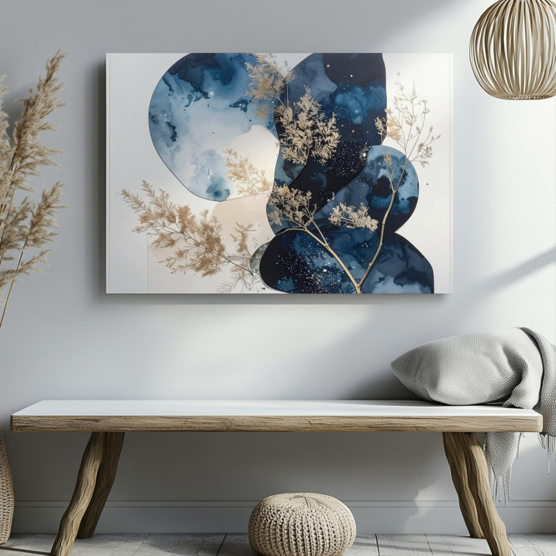 Toile, art mural, fleurs abstraites, formes indigo sur toile et art botanique, prêt à accrocher, H 9 po x l 12 po