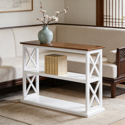 Console Coventry avec tablettes de rangement, canapé-lit étroit de style campagnard pour le salon, le vestibule, le couloir et la chambre à coucher, bois flotté et finition blanche