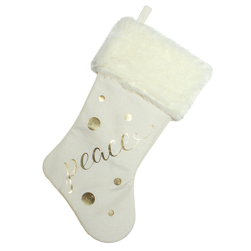 Chaussette de Noël 19 po "Peace" en feuille d'or blanc ivoire avec manchette en fausse fourrure blanche