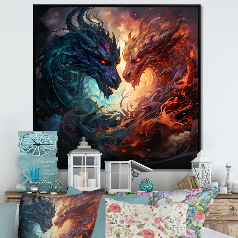 «Fire Breathing Dragons Lair III - Dragons», art mural, H 36 po x l 36 po x P 1,5 po, Cadre flottant noir